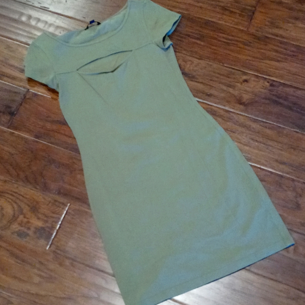 Guess Bodycon Mini Dress Olive Green Medium Open Neck Short Sleeve